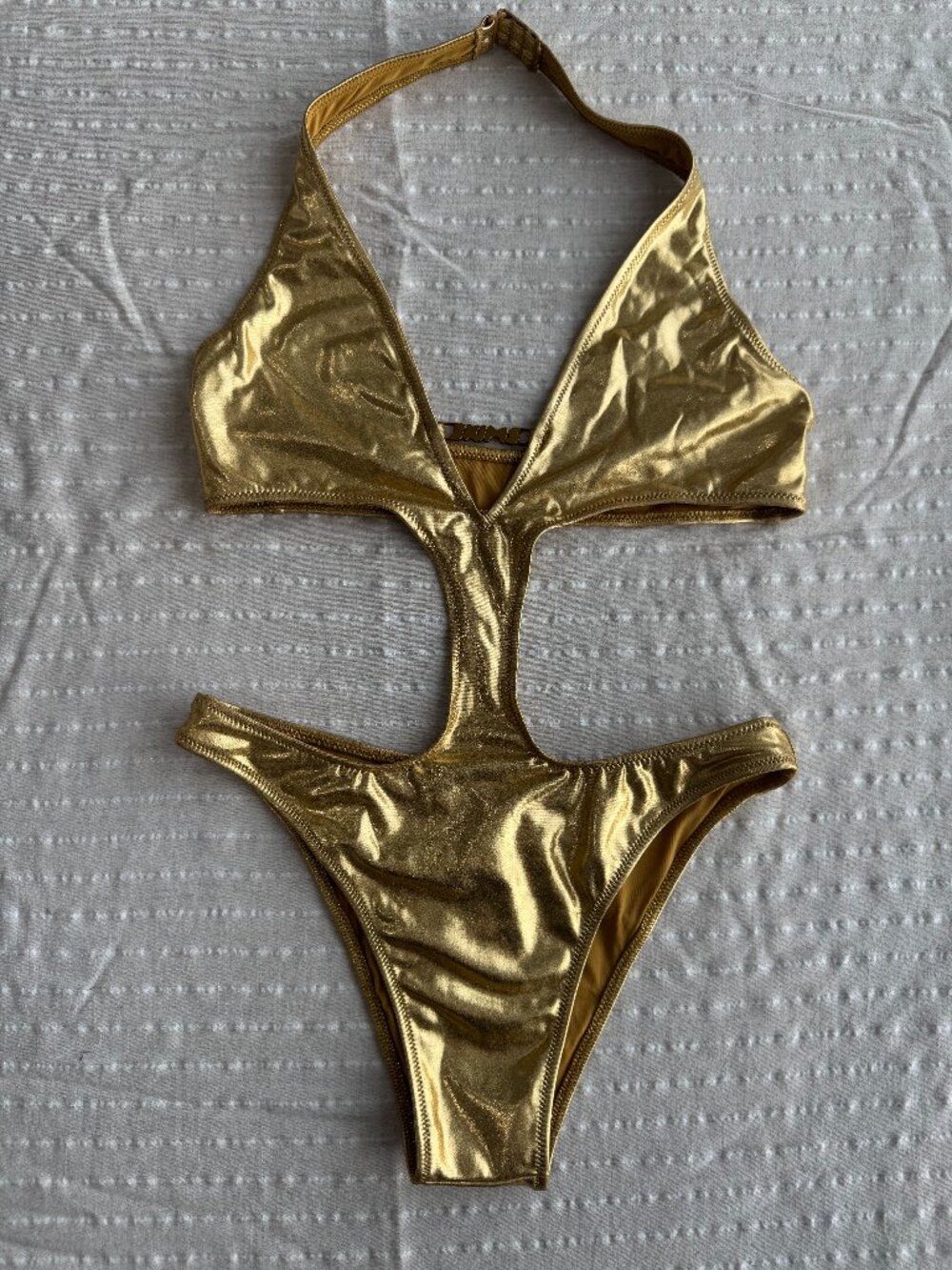 SKIMS Metallic Swim Gold Halter Monokini in Size XS